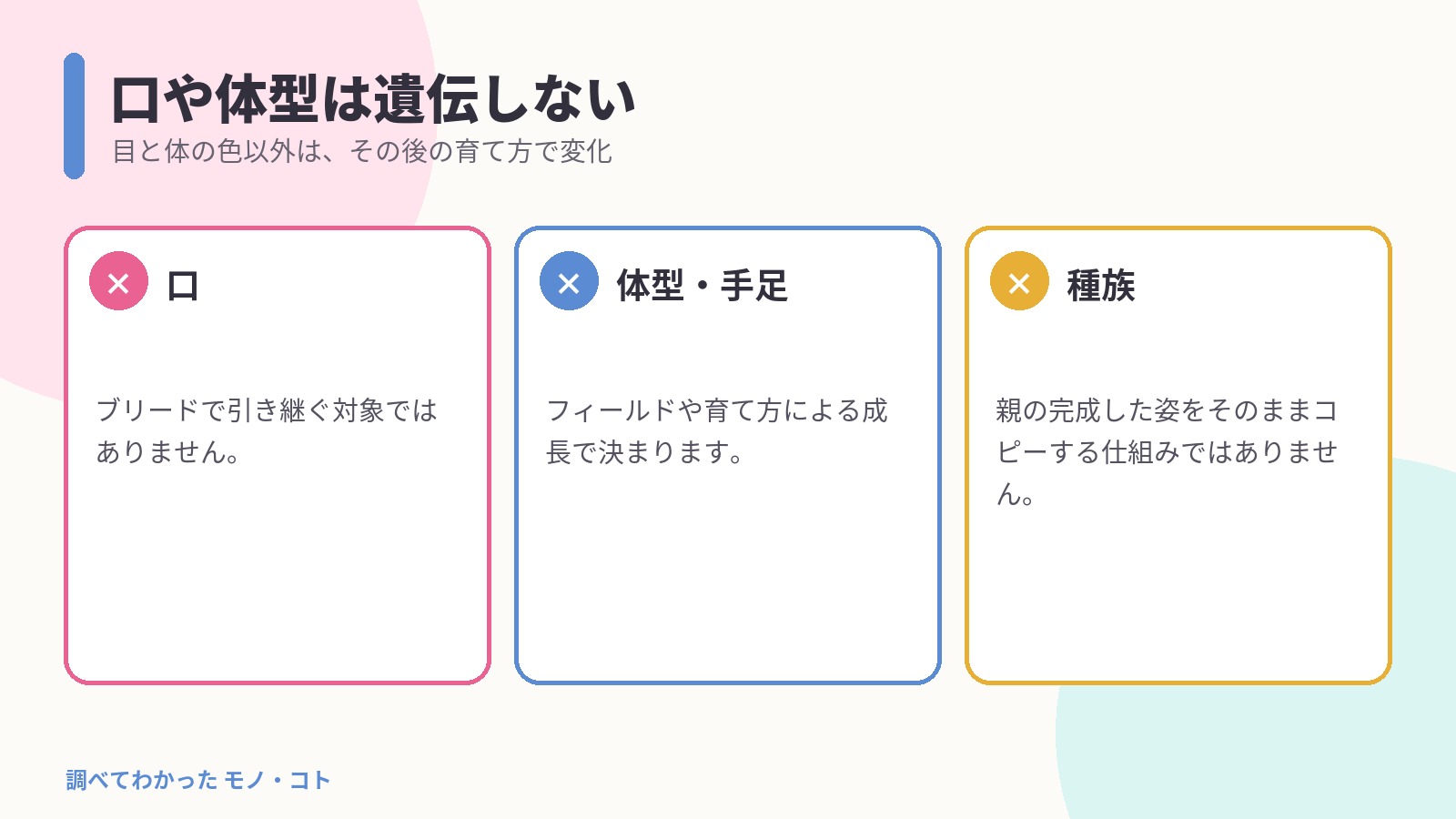 たまごっちパラダイスでは口や体型は遺伝しないことを示す図